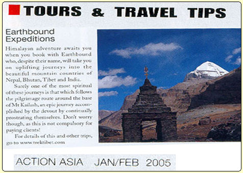 Action Asia Magazine Published in Hongkong Jan / Feb 2005 article about  Earthbound Expeditions & Holy Mt. Kailash
